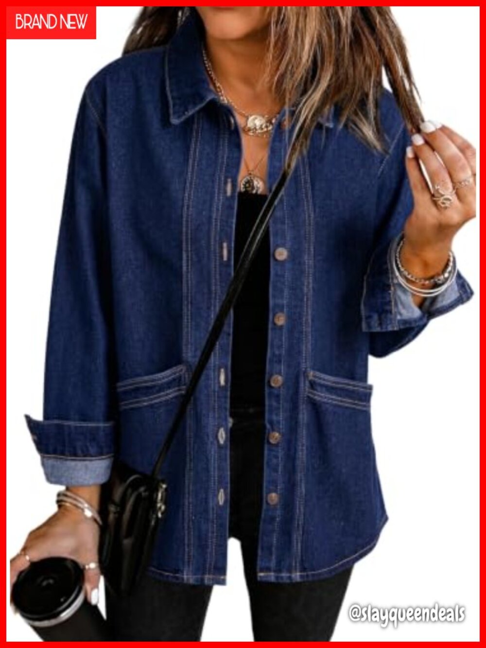 Oversized Denim Shirt Jacket Button Down Patch Pocket Cotton Blend